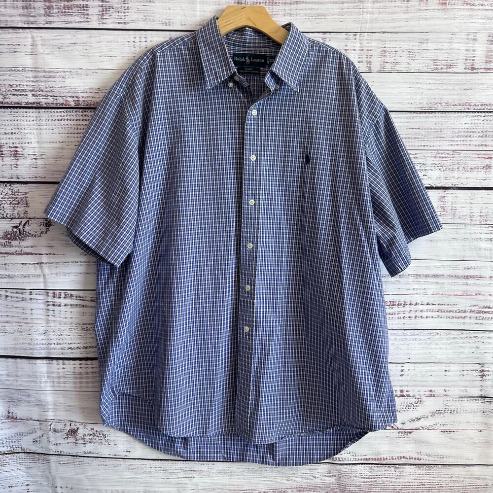 Ralph Lauren Mens Blake fit sjort sleeve plaid button down shirt blue white XXL